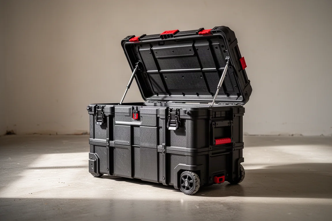 Rolling tool box with lid propped open by gas struts on a jobsite floor