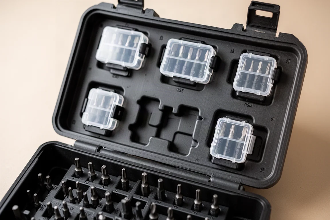 Open tool box lid holding small bit organizer cases in molded mounting points