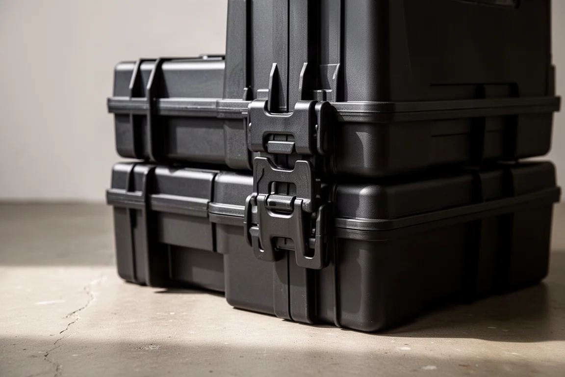 Stacked modular tool boxes connected with side locking clips on concrete