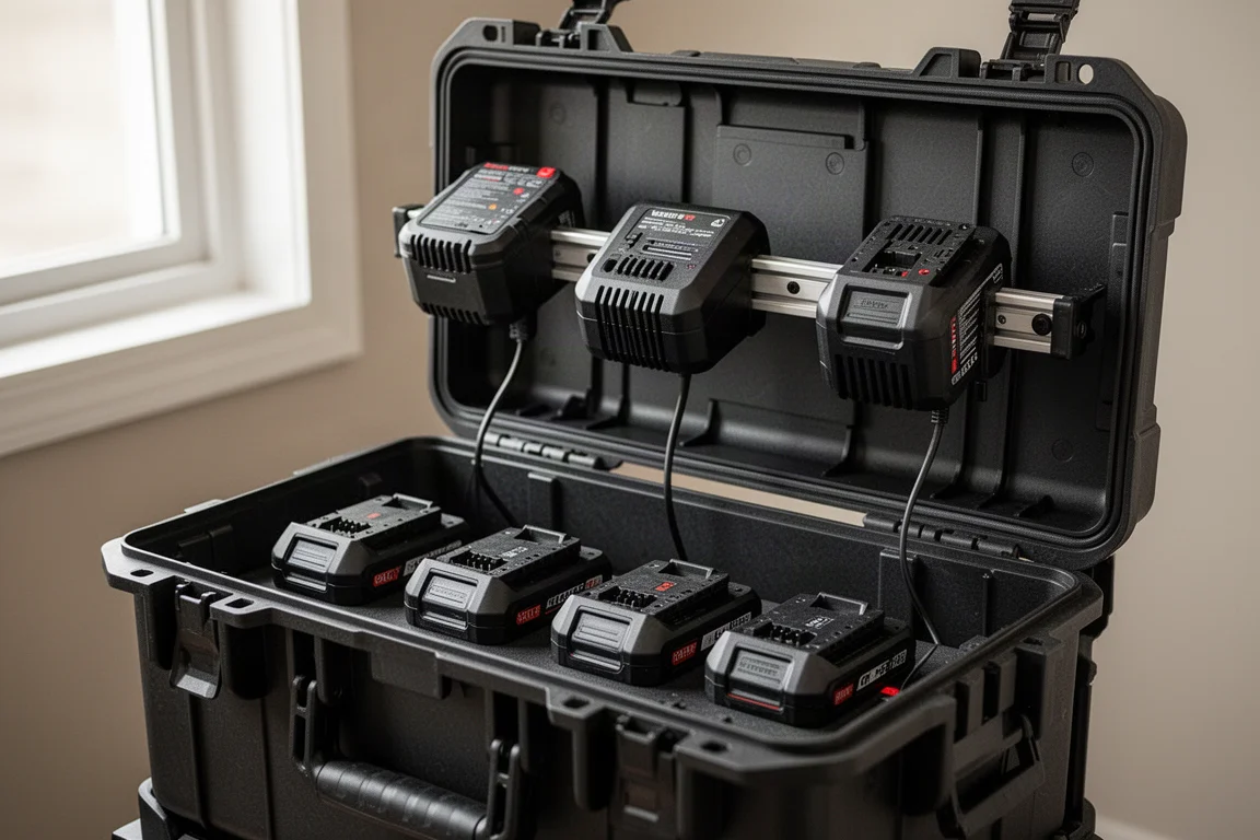 Mobile charging station mounted inside a modular tool box with batteries and charger