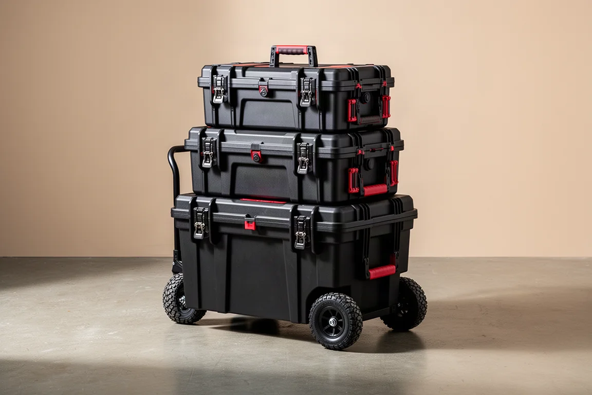 Three-piece modular tool storage stack on a concrete floor