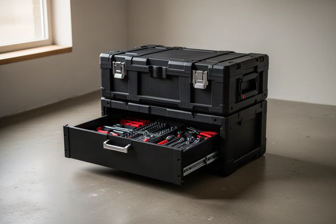 Modular toolbox stack on a concrete floor with the bottom drawer pulled open