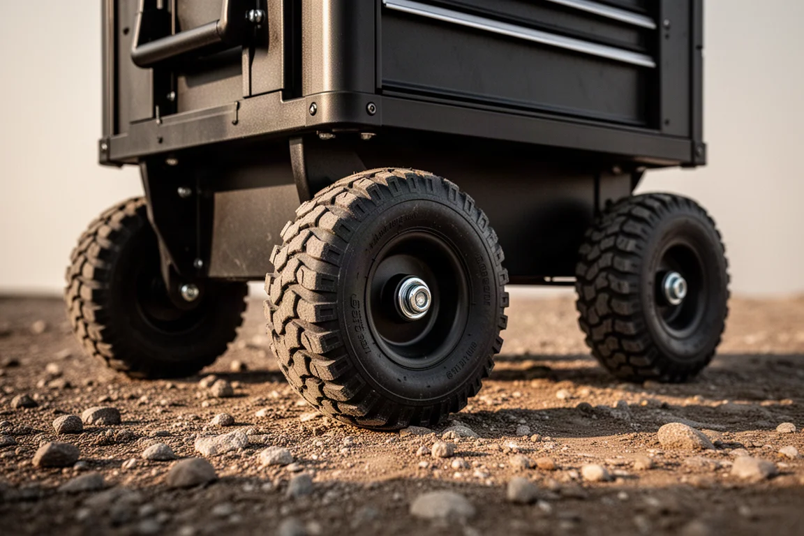 Close-up of rugged rubber wheels on an all-terrain workshop floor