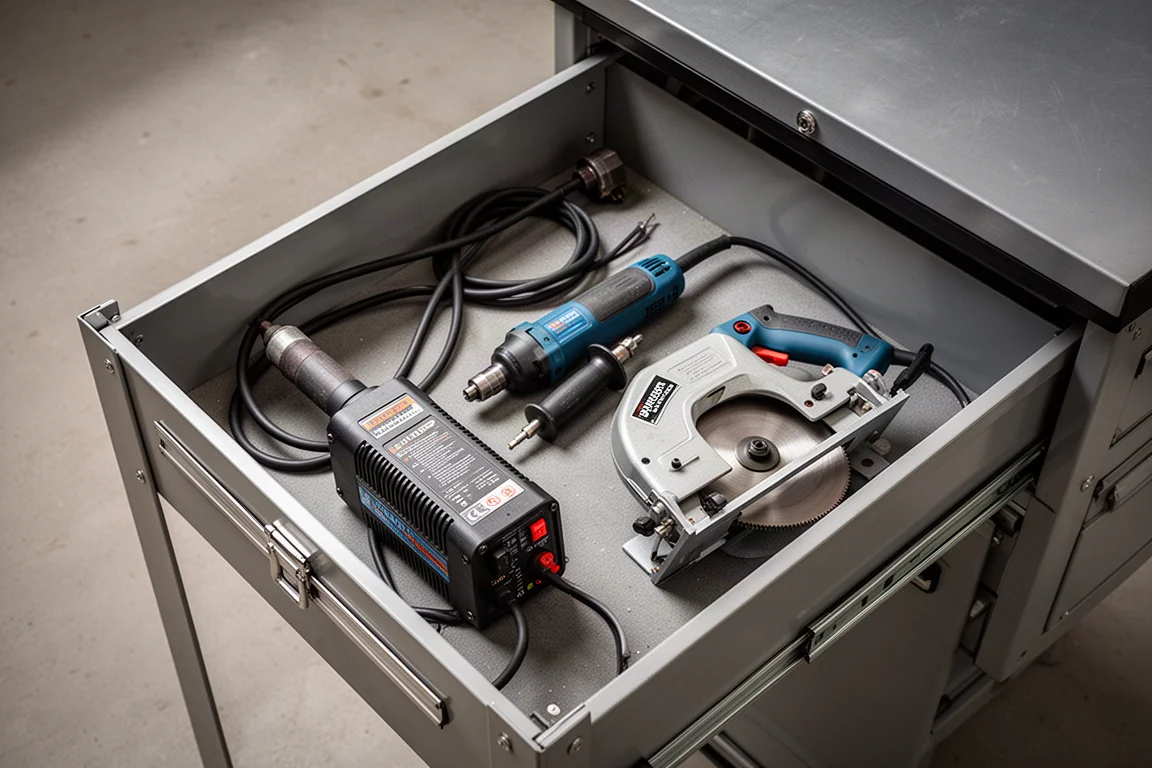 Open toolbox drawer holding a power inverter, die grinder, and compact band saw