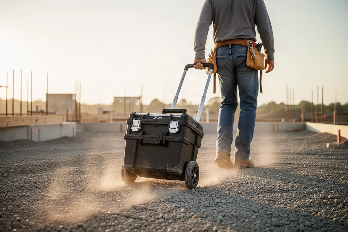 Contractor rolling a single-drawer toolbox across a dirt construction site