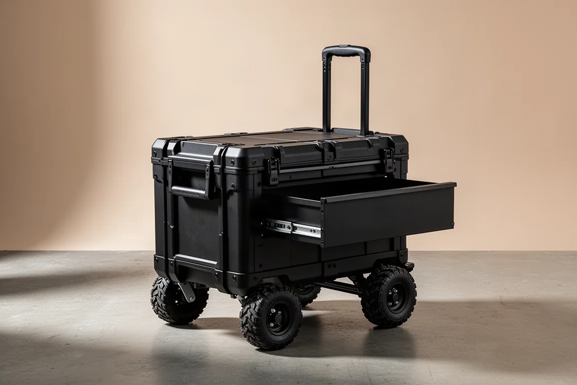 Black modular rolling toolbox with open drawer and all-terrain wheels on concrete