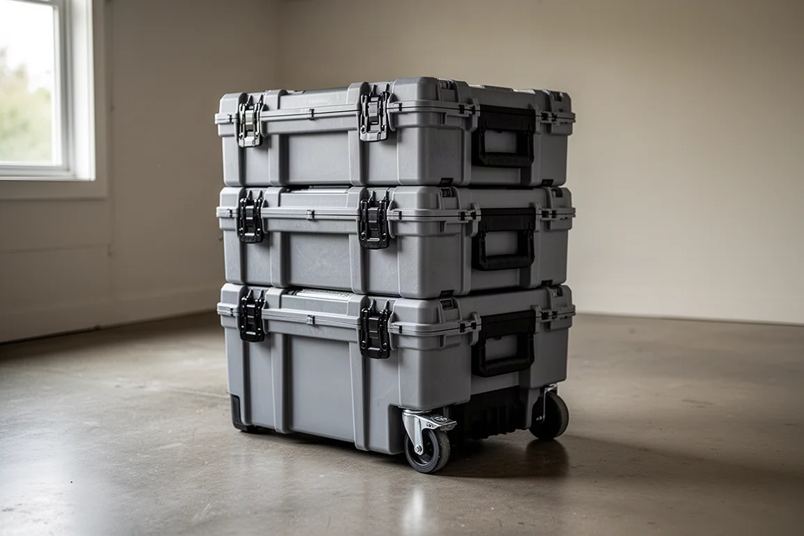 Modular tool boxes stacked and clipped together on a garage floor