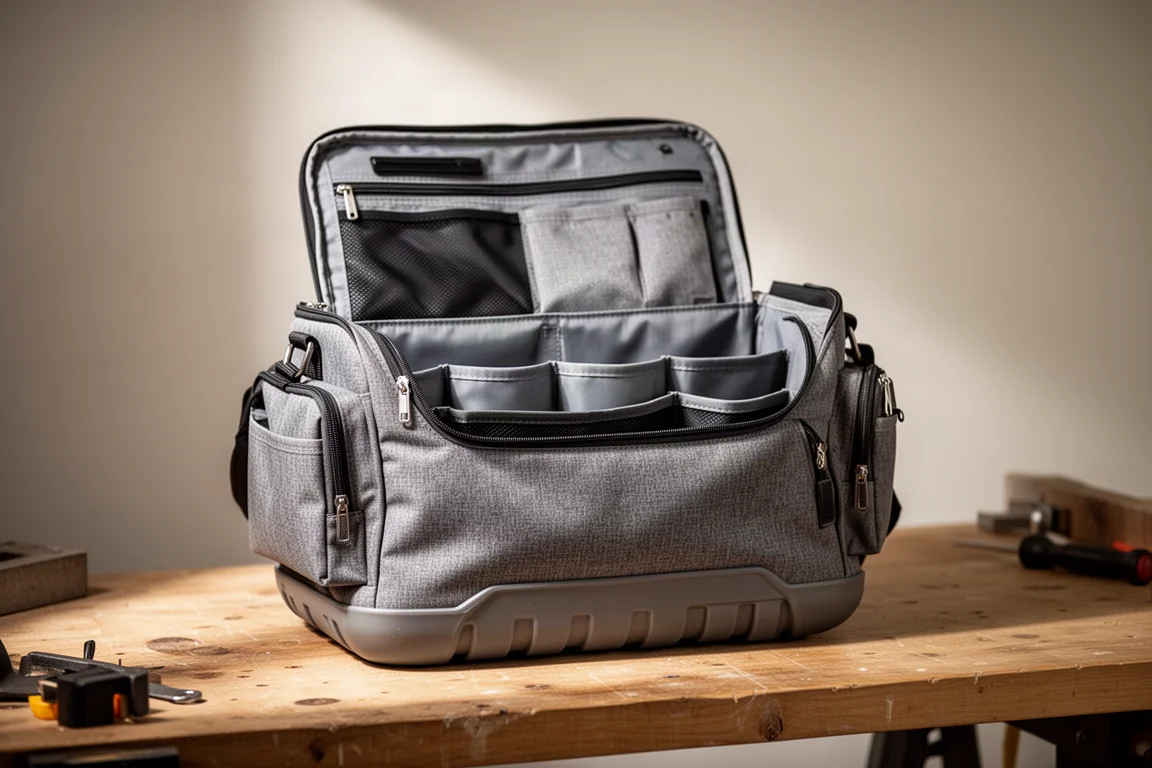 Open tool bag showing interior storage pockets and a hard bottom shell