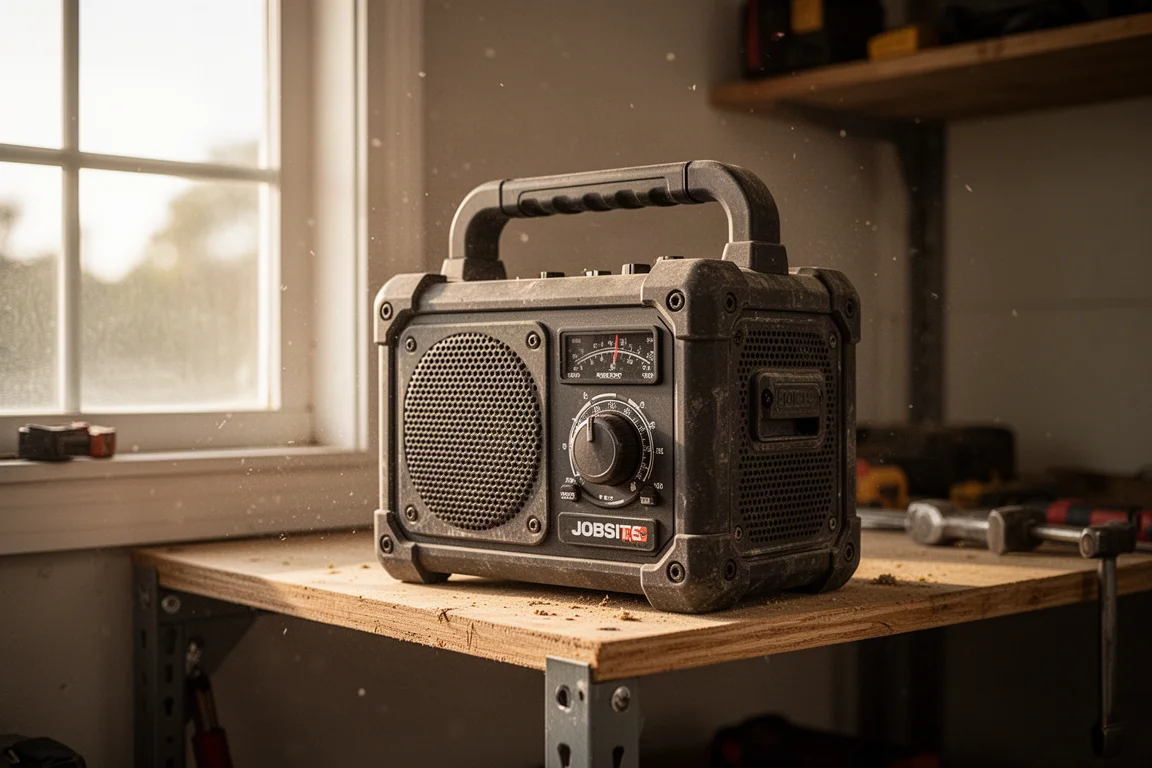 Jobsite radio playing music in a workshop setting