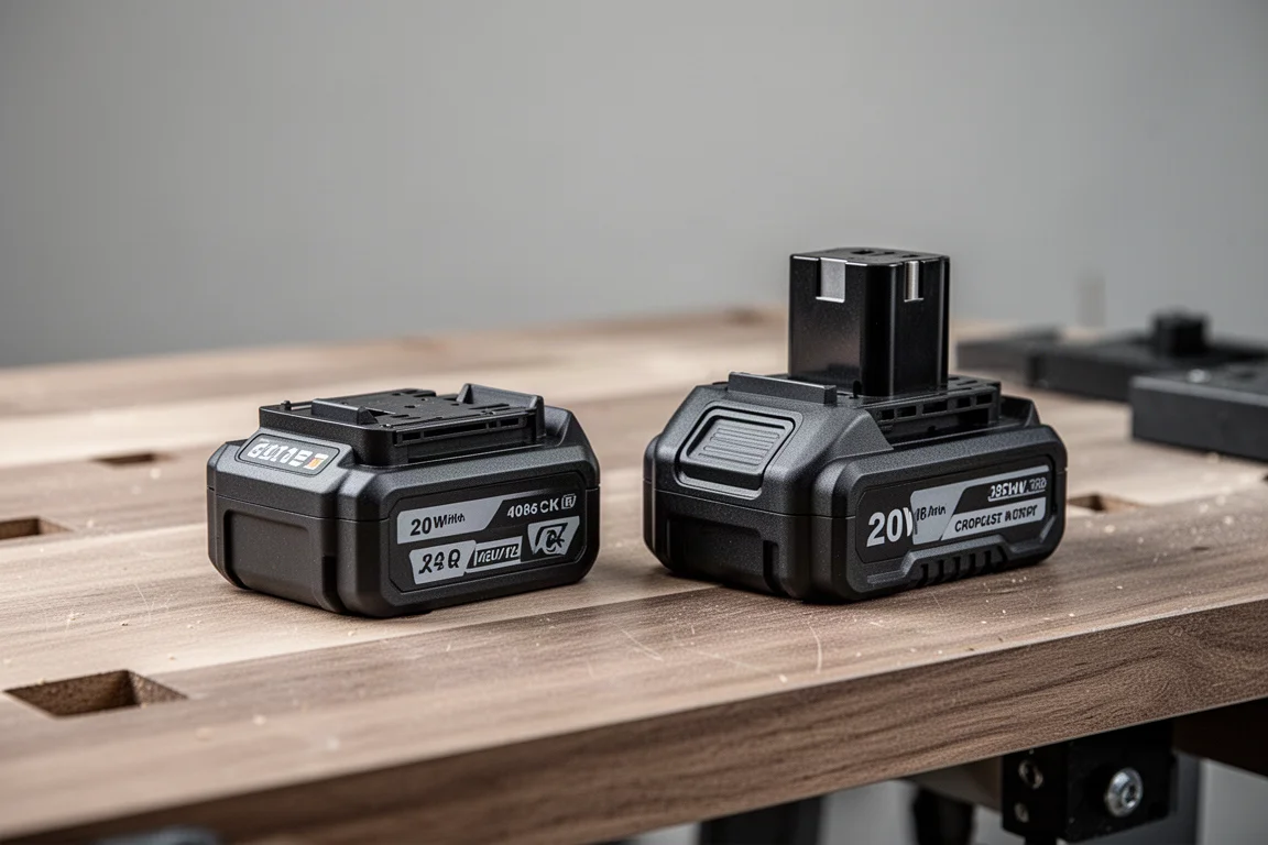 Compact lithium tool batteries arranged on a workbench