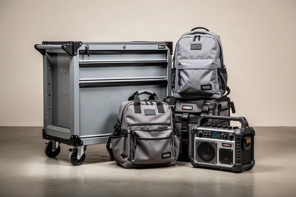 Flex Stack Pack storage lineup with rolling box, tool bag, backpack, and radio on concrete