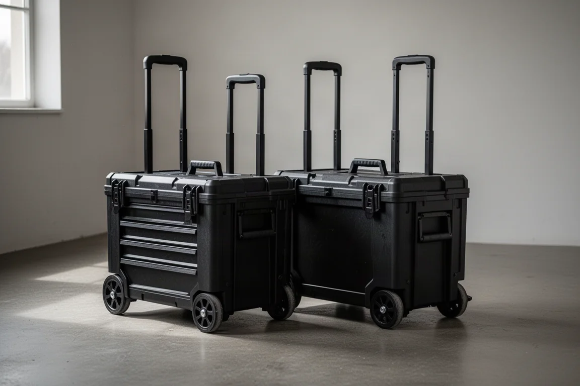 Two rolling tool boxes side by side on a workshop floor with handles extended