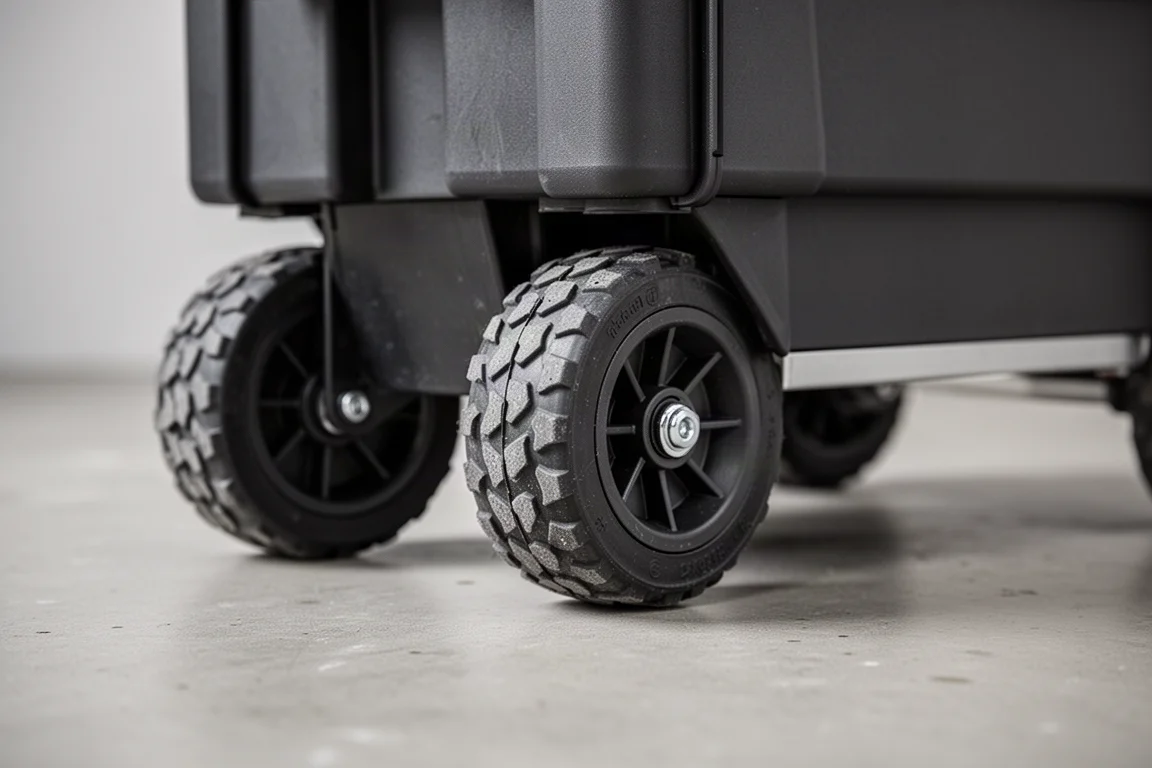 Close-up of rubber wheels on a rolling tool box