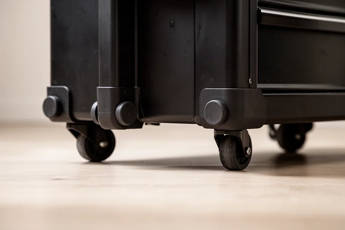 Rubber feet on the base of a tool box on a finished floor