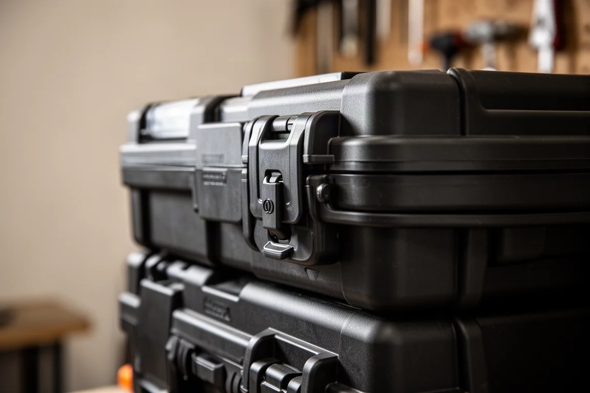 Close-up of side latches locking two stacked tool boxes together