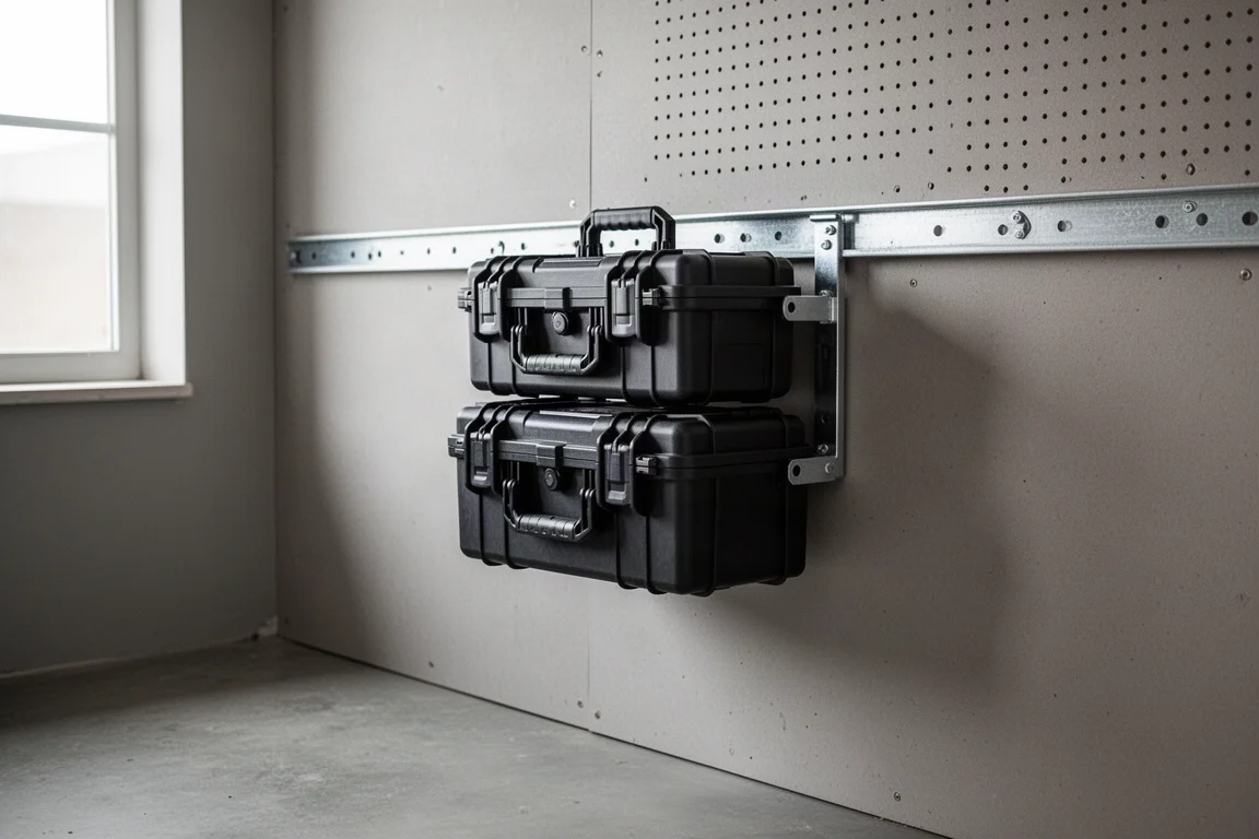Stackable tool cases mounted on a workshop wall rail system