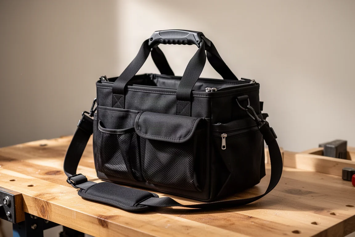 16 inch soft tool tote with pivoting handle and shoulder strap on a workbench