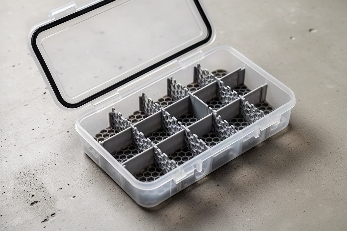 Deep organizer with clear gasketed lid and honeycomb dividers open on a table