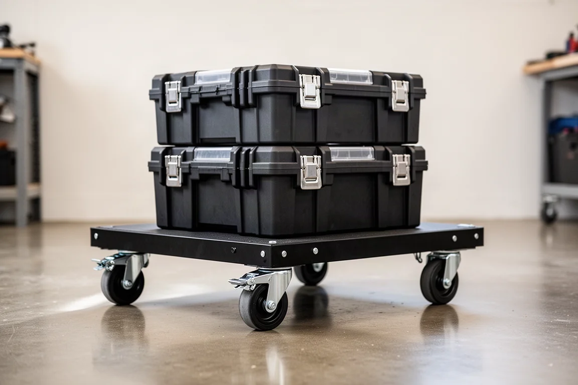 Rolling dolly with stacked tool boxes being wheeled across a workshop floor