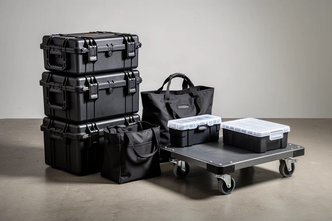 Modular tool storage lineup with stacked cases, tote, organizer, and dolly on concrete