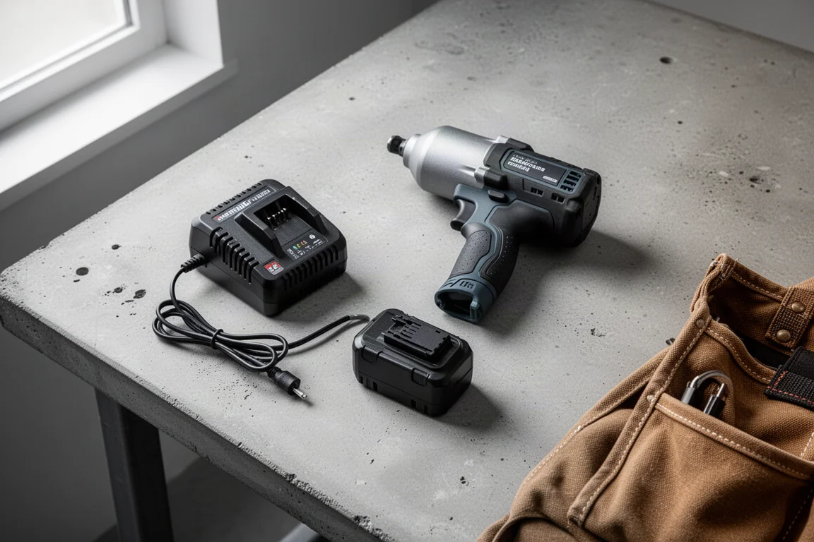 Compacte accu-slagmoersleutel liggend op een werkbank met accu en lader