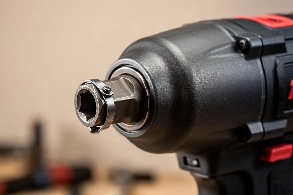 Close-up van een hog ring aambeeld op een slagmoersleutel met bevestigde dop