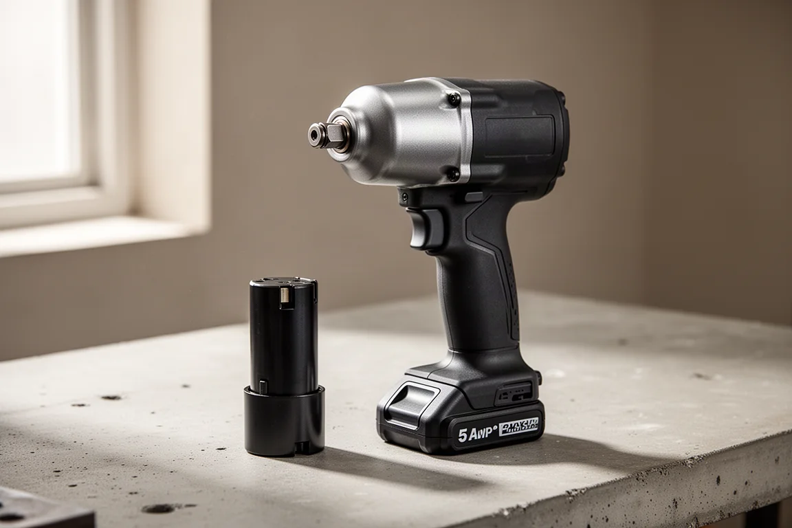 Compact cordless impact wrench with battery pack on a concrete workbench
