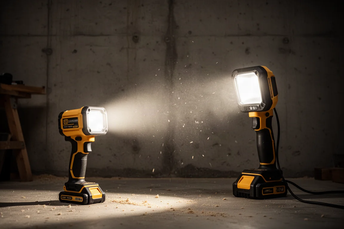 Lampa robocza oświetlająca ścianę ciemnego warsztatu