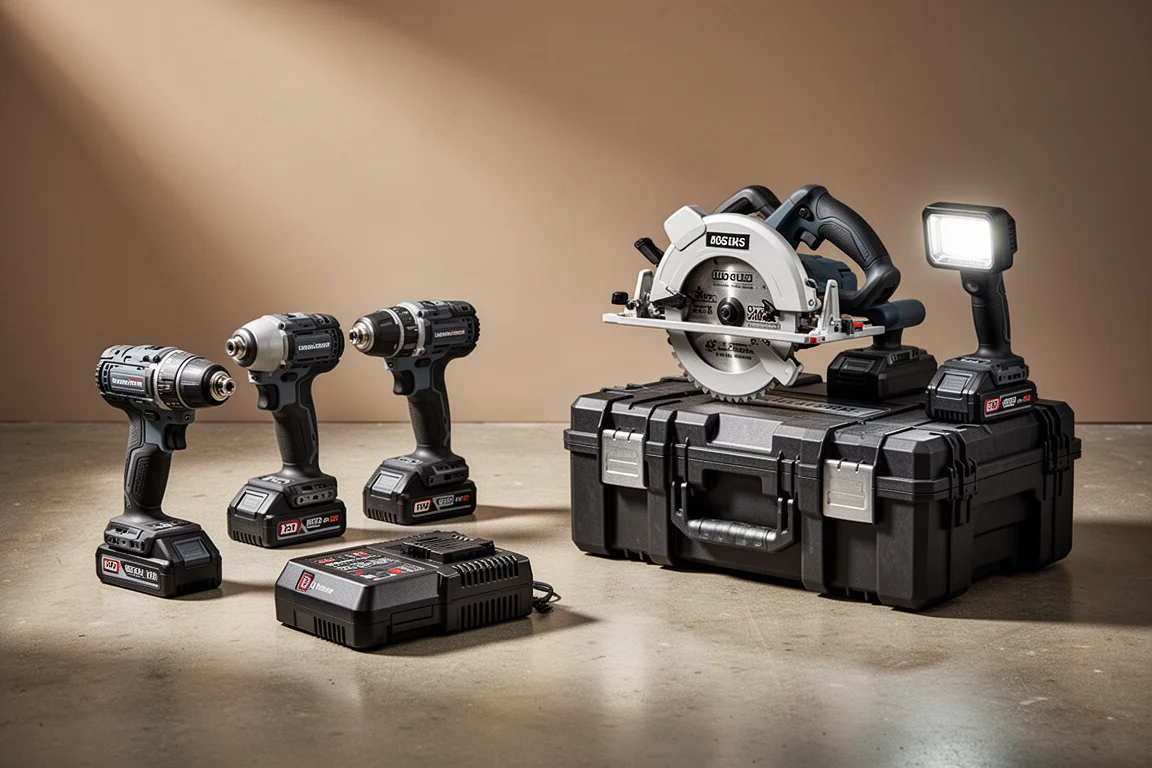 Two Flex cordless power tool kits with batteries, charger, and stacked storage cases on concrete