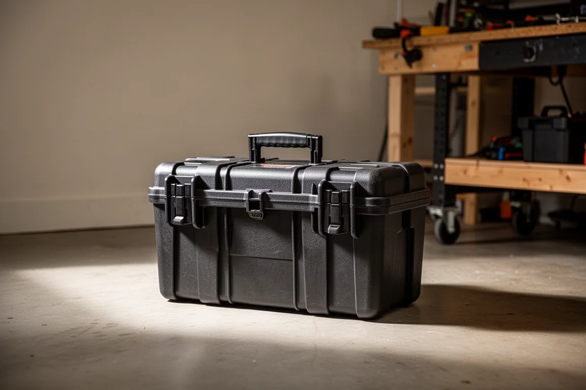 Gesloten gereedschapskoffer op de vloer van een garage