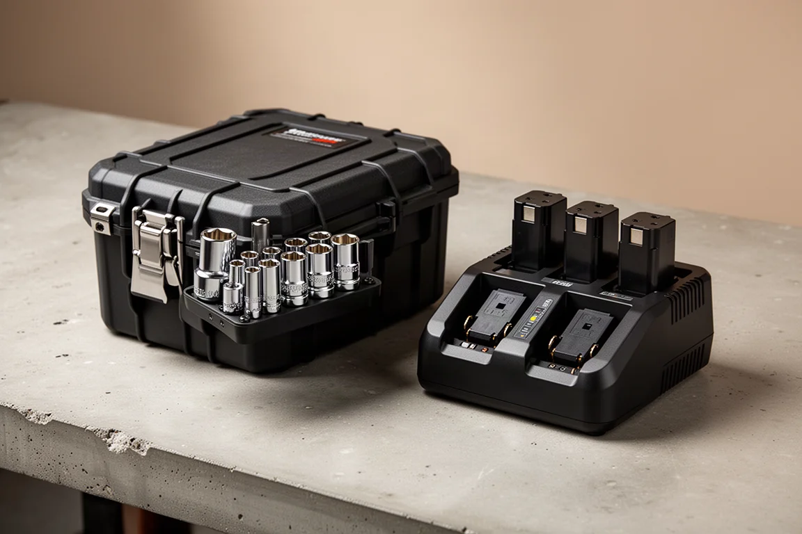 Flex socket set case and four-port charger on a concrete surface