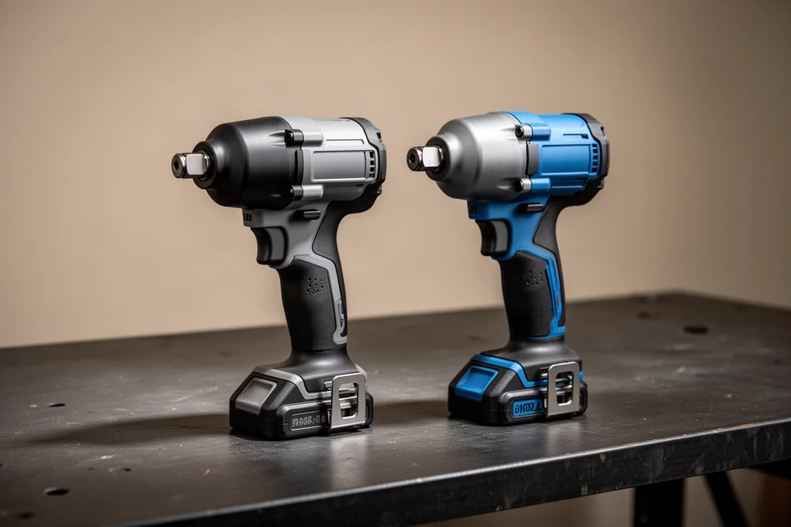 Flex and Cobalt half-inch impact wrenches side by side on a workshop bench