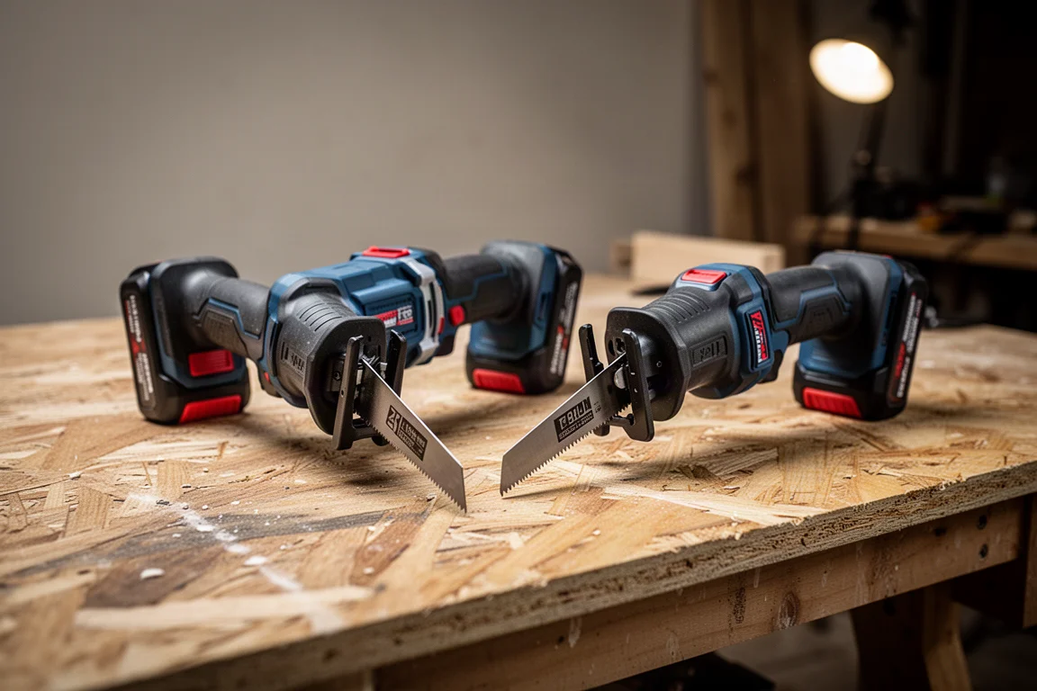 Two cordless reciprocating saws side by side on a workbench with blades installed