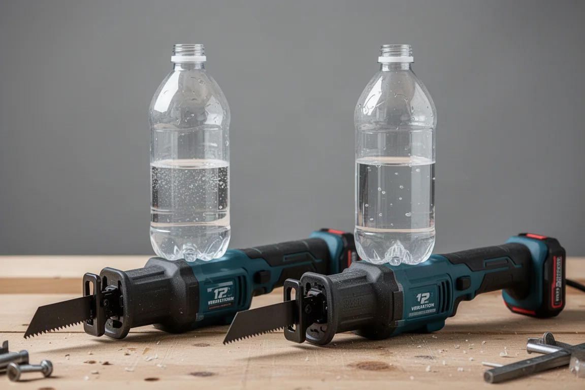 Plastic bottles of liquid balanced on reciprocating saw bodies to visualize vibration