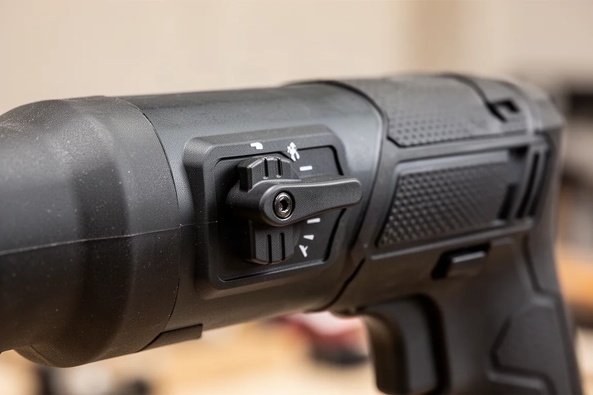 Close-up of an orbital action lever on a reciprocating saw body