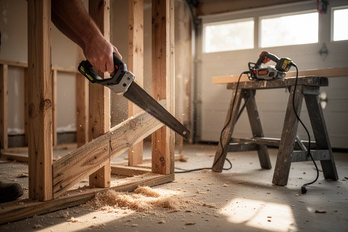 Worker resting arms after extended demolition cutting with a reciprocating saw