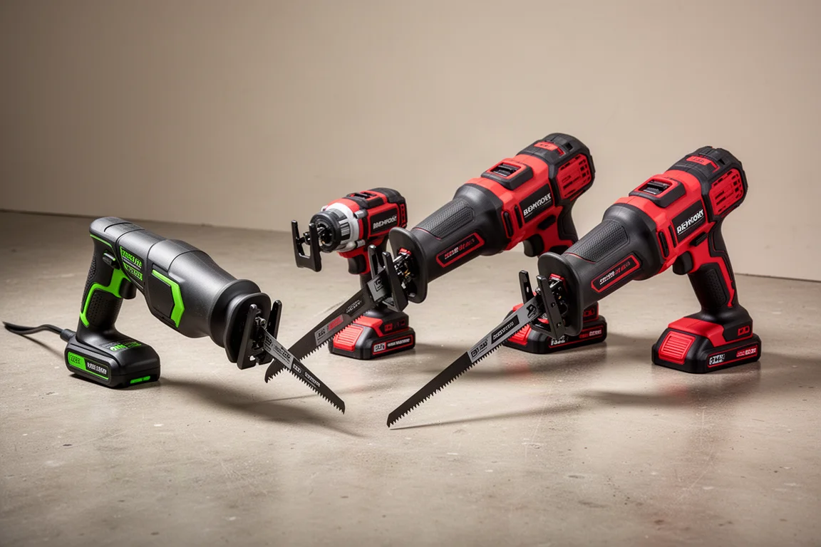 Three cordless reciprocating saws lined up side by side on a concrete floor