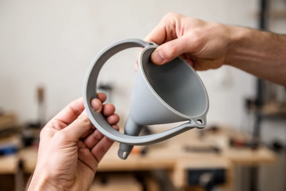 Hand biegt einen flexiblen Silikontrichter in eine gebogene Form