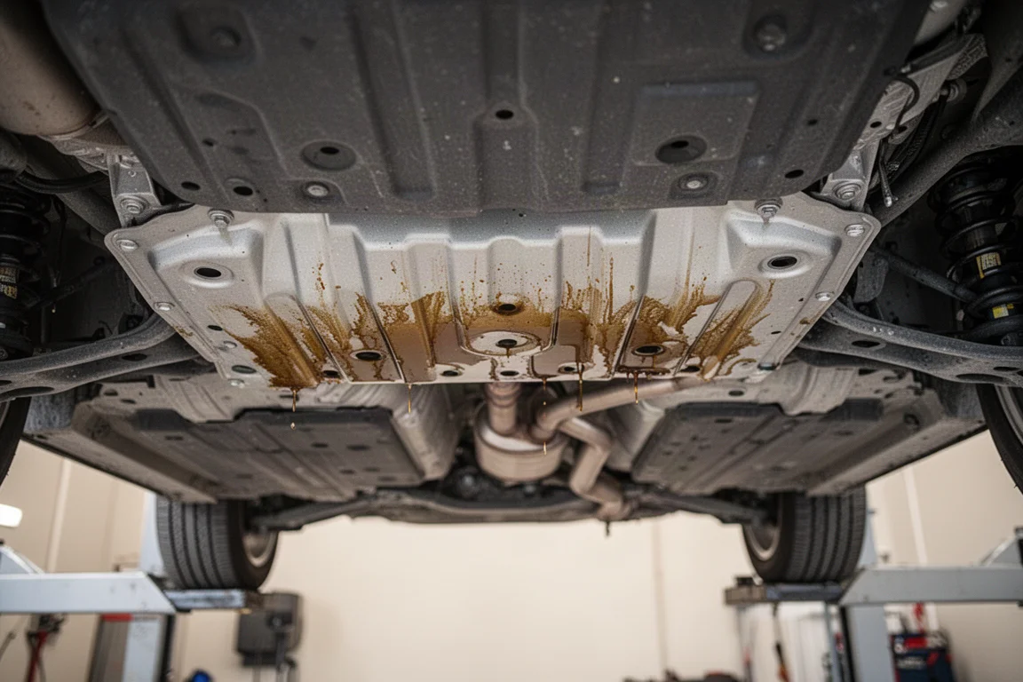 Saubere Unterseite eines Autos nach einem Ölwechsel ohne Öltropfen