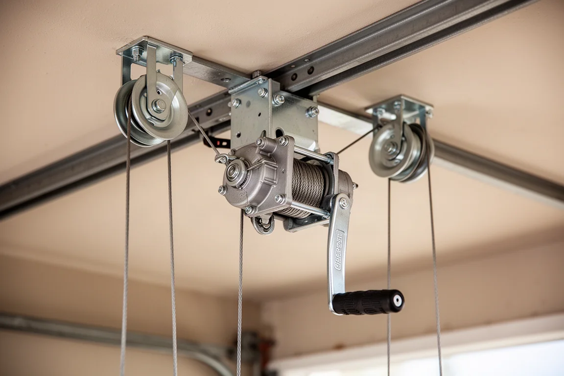 Meccanismo riduttore a manovella montato su un soffitto di garage con manovella collegata