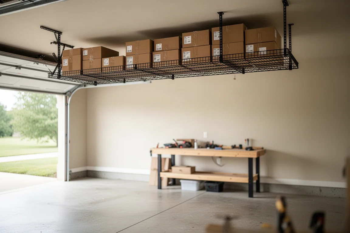 Piattaforma in rete metallica sollevata con contenitori da stoccaggio impilati in un garage ordinato