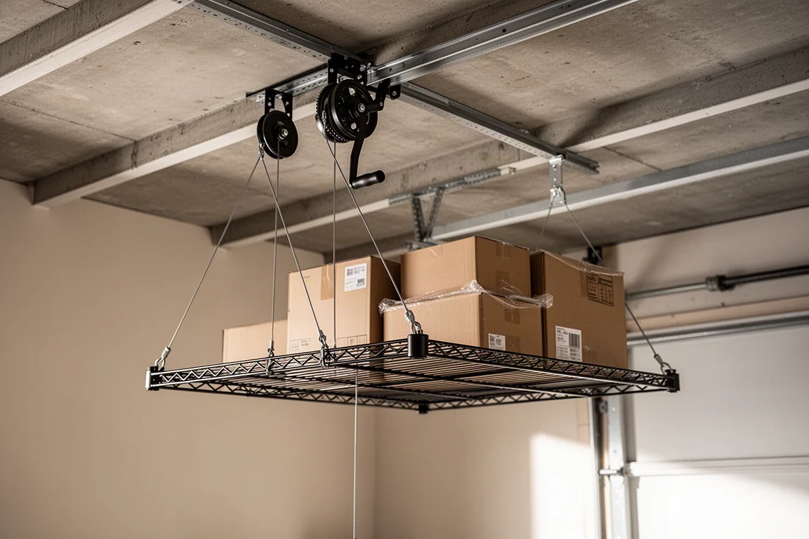 FlexiMounts GL1 ceiling lift platform raised against a garage ceiling holding storage boxes