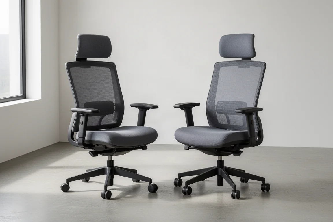 Two ergonomic office chairs side by side in a bright minimalist room