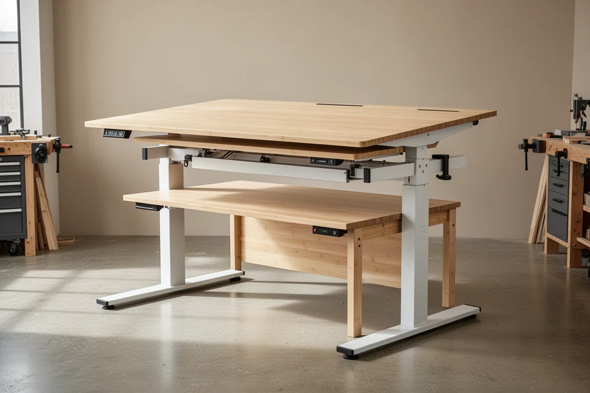 Four-leg standing desk lowering smoothly to a low height in a workshop