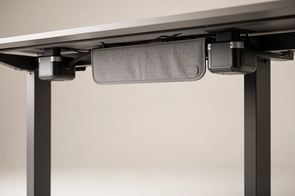 Underside of a standing desk showing motors on each leg and a magnetic fabric cover
