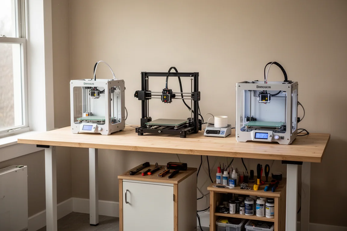 3D printers and workshop tools arranged around a standing desk setup