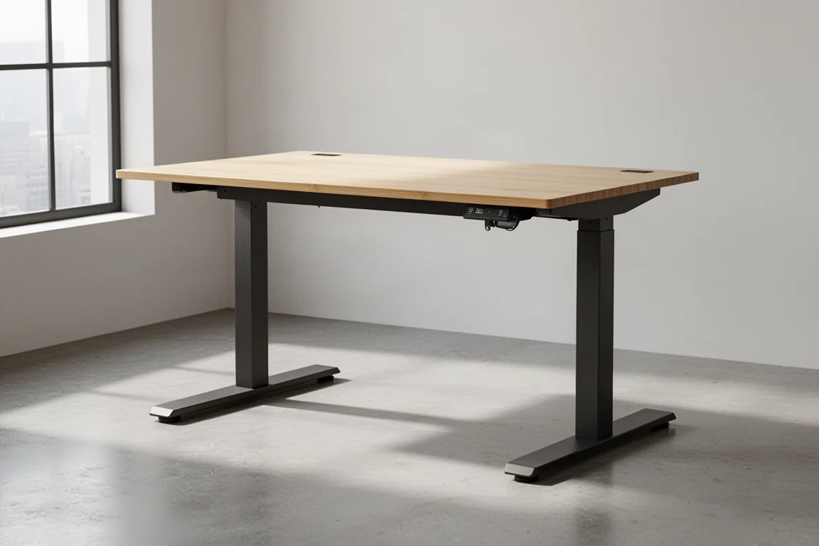 Four-leg standing desk with bamboo worktop at mid height in a bright workshop
