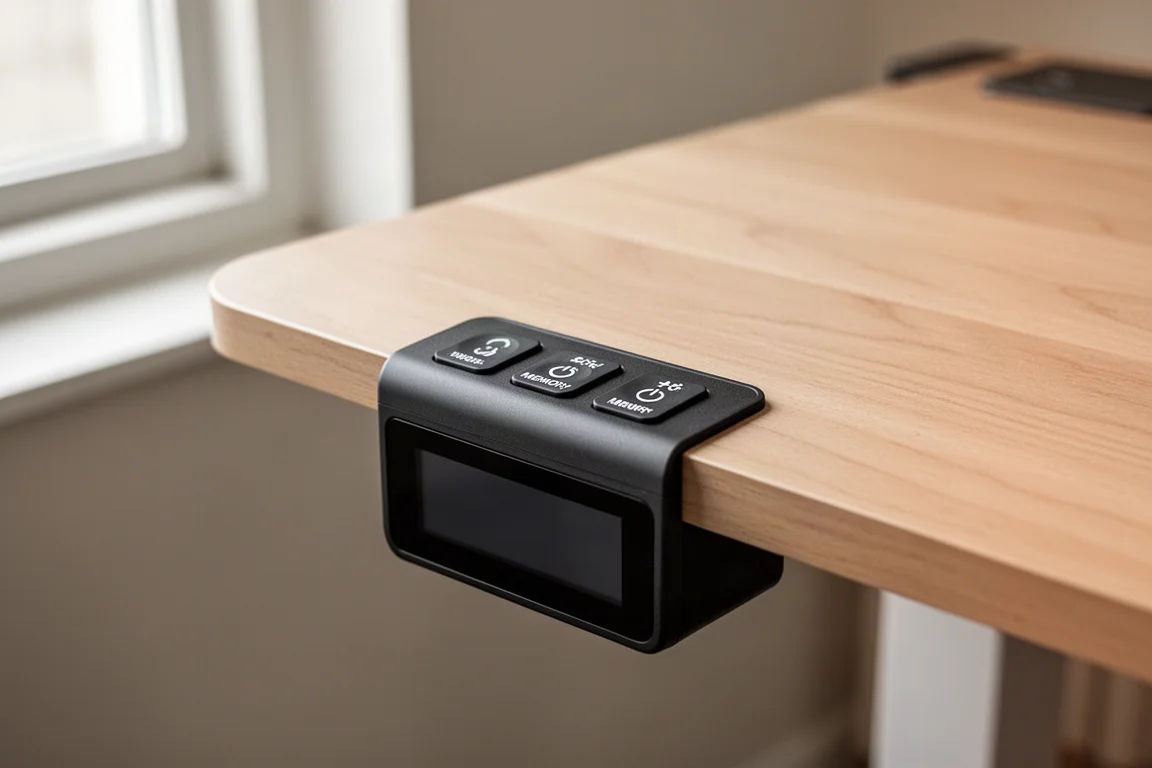 Närbild på en kontrollpanel till ett sitt-stand-bord med taktila minnesknappar