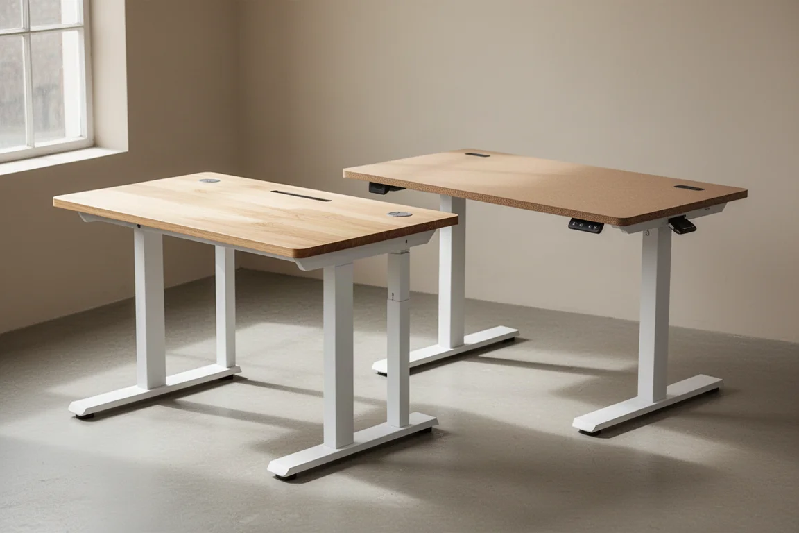 FlexiSpot E7 Plus and Vari Ergo standing desks side by side at low height