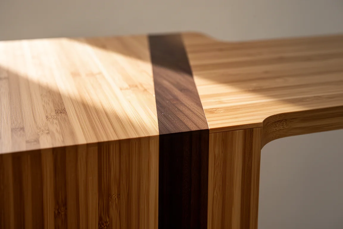 Bamboo desktop with vertical edge strip and contrasting grain pattern